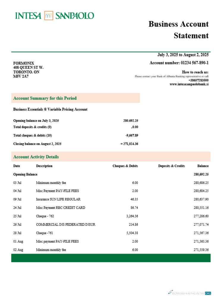 Download Slovenia Intesa Sanpaolo enterprise account statement Word and PDF template Photoshop template